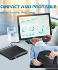 Portable External CD DVD Drive With USB 3.0 And USB C, Read Write ROM Burner For Laptops Desktops Windows Mac Linux, Plug And Play Optical Drive, Slim On The Go CD DVD Player shown with laptop and bag