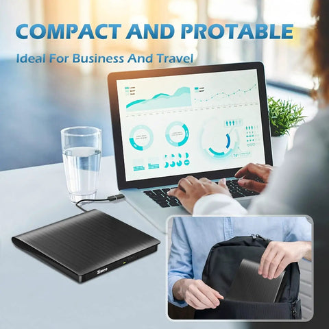 Portable External CD DVD Drive With USB 3.0 And USB C, Read Write ROM Burner For Laptops Desktops Windows Mac Linux, Plug And Play Optical Drive, Slim On The Go CD DVD Player shown with laptop and bag