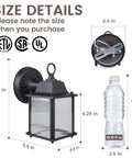 Built Tough E26 Outdoor Porch Light For Home Exterior Wall Matte Black Die Cast Aluminum And Clear Glass Wall Lantern size details with measurements.