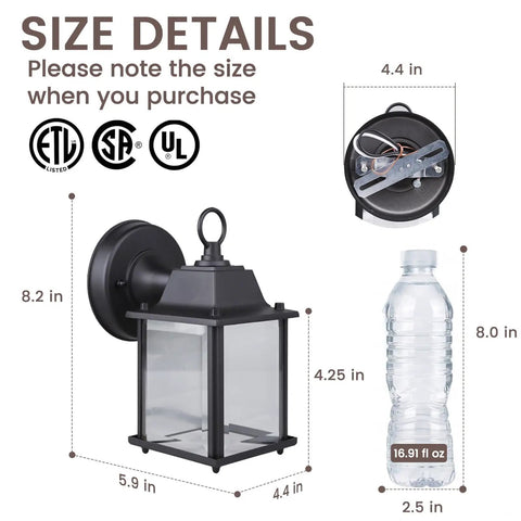 Built Tough E26 Outdoor Porch Light For Home Exterior Wall Matte Black Die Cast Aluminum And Clear Glass Wall Lantern size details with measurements.