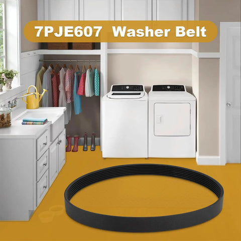 Washer Drive Belt 7PJE607 5304516132 Replacement For Select Front Load Washers Fits MLV Series CTW Models Easy Install Durable Belt For Smooth Spin And Long Lasting Performance black washer belt on laundry room floor