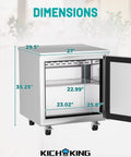 Dimensions of Heavy Duty Twenty Seven Inch Undercounter Worktop Freezer With Sleek Digital Temperature Controller and Rapid Airflow Design.