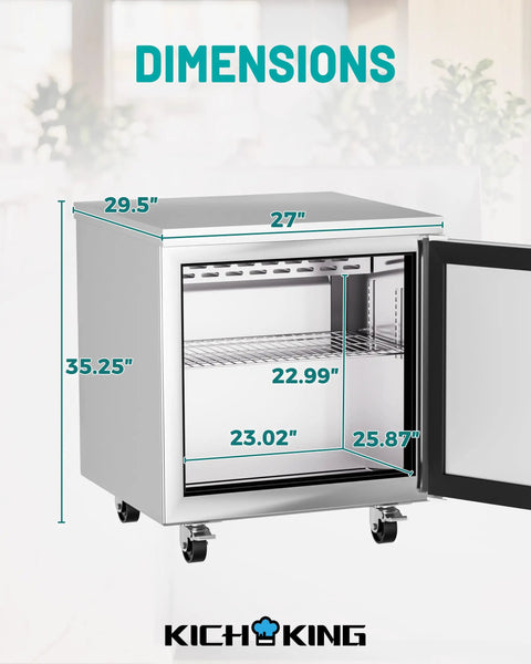 Dimensions of Heavy Duty Twenty Seven Inch Undercounter Worktop Freezer With Sleek Digital Temperature Controller and Rapid Airflow Design.