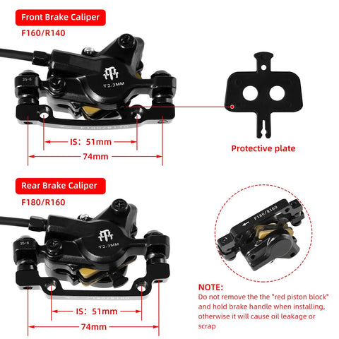 Front and rear brake calipers from Electric Bike Hydraulic Disc Brake Set 2 Piston 2 Pin Power Off Pre Bled kit with protective plate.