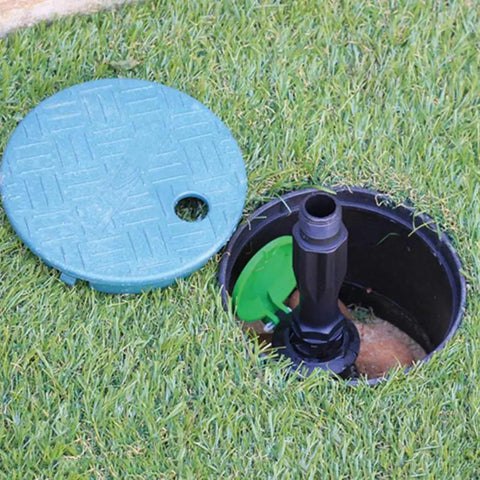 Automatic Irrigation Valve Box Cover For Garden And Lawn 6 Inch Plastic Sprinkler System Lid shown open on grass