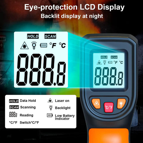 Non Contact Infrared Thermometer Gun With Fast Reading -58F To 1112F (-50C To 600C), 14 Inch Distance, LCD display