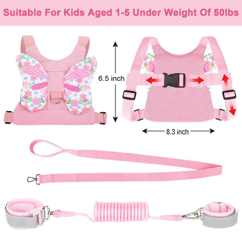 3 In 1 Toddler Harness Leash Set With Anti Lost Wrist Link For Girls And Boys, pink nylon harness with butterfly wings for ages 1-5
