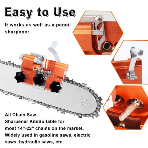 Chainsaw Sharpener Kit With Vise And Hand Crank Sharpening Jig, Portable Chain Saw Sharpener Tool attached to chainsaw blade