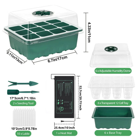 Six Pack Seed Starter Trays With A 10 By 20.75 Inch Seedling Heat Mat And Humidity Dome Kit shown with detailed dimensions and components.