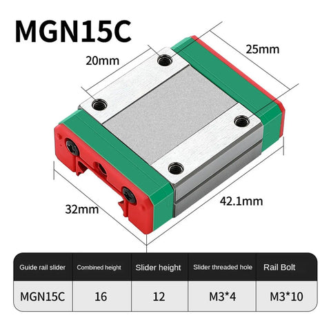 Close-up of MGN15C linear guide rail slider dimensions, showing measurements and specifications for precision applications.