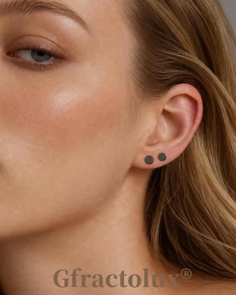 Flat Back Titanium Tiny Dot Earrings For Sensitive Ears Hypoallergenic G23 Implant Grade Studs worn by a model showing 3mm black dots.