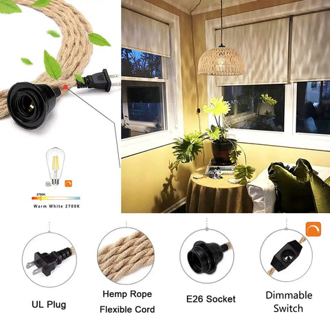 Plug In Pendant Light With Dimmable Cord Handcrafted Rattan Wicker Basket Shade in living room setup with plants and UL plug