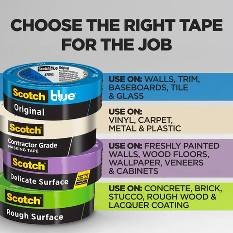 Image showing different Scotch tapes with labels: Scotch blue for walls, Contractor Grade for vinyl, Delicate Surface for painted walls, Rough Surface for concrete.
