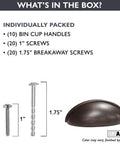 Oil Rubbed Bronze Cabinet Cup Pulls Three And A Half Inch Overall Length 10 Pack Durable Drawer Handles With Optional One Inch And One And Three Quarter Inch Mounting Lengths Ideal For Kitchen And Bath Cabinets And Furniture Projects. Image shows screws and handle details.