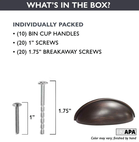Oil Rubbed Bronze Cabinet Cup Pulls Three And A Half Inch Overall Length 10 Pack Durable Drawer Handles With Optional One Inch And One And Three Quarter Inch Mounting Lengths Ideal For Kitchen And Bath Cabinets And Furniture Projects. Image shows screws and handle details.