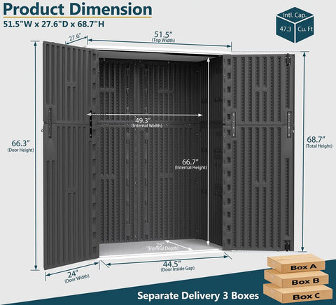 57 Cu Ft Outdoor Storage Shed With Floor, All Weather Resin Design open to show interior dimensions and dual door opening