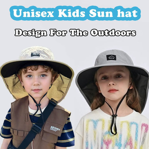 Kids wearing Kids Quick-Dry Sun Hat With Neck Flap UPF 50 Plus Breathable Bucket Hat For Baby Boys And Girls Safari Beach Summer