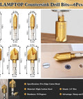 Topshelf 39 Piece Countersink Drill Bit And Wood Plug Cutter Set With Deburring Tool Step Bits And High Speed Steel Hex Shank showing 6 high-carbon steel countersink bits.