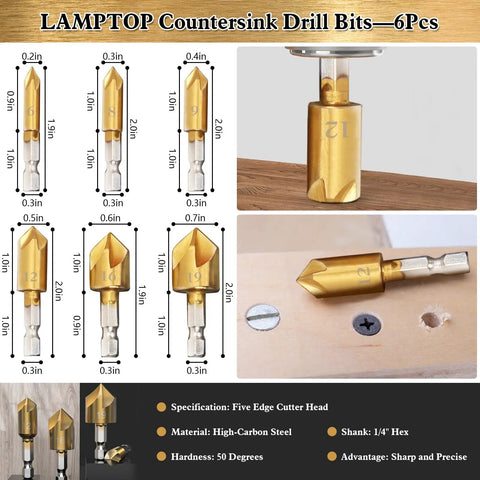 Topshelf 39 Piece Countersink Drill Bit And Wood Plug Cutter Set With Deburring Tool Step Bits And High Speed Steel Hex Shank showing 6 high-carbon steel countersink bits.