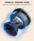 Close-up of the conical ceramic burr of the Lightning Fast Portable Electric Coffee Grinder With Smooth Ceramic Burr And 38 Adjustable Grind Settings.