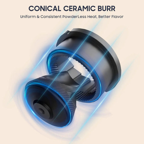 Close-up of the conical ceramic burr of the Lightning Fast Portable Electric Coffee Grinder With Smooth Ceramic Burr And 38 Adjustable Grind Settings.