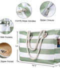 Big Beach Tote Bag For Women, Waterproof And Sandproof With Zipper, Huge Capacity Swim And Pool Tote, Foldable Lightweight Green, side view