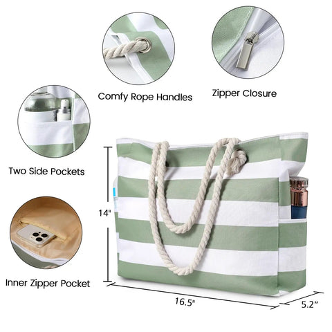 Big Beach Tote Bag For Women, Waterproof And Sandproof With Zipper, Huge Capacity Swim And Pool Tote, Foldable Lightweight Green, side view