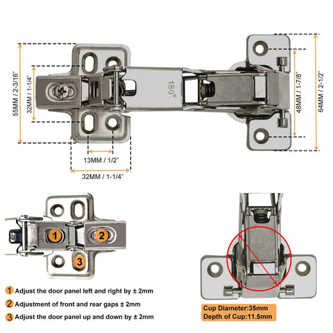 No Drama Heavy Duty Soft Close 180 Degree Concealed Adjustable Cabinet Hinges 2 Pack Full Overlay Nickel Plated Steel detailed image showing dimensions and adjustment features.