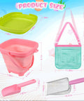 Ultimate Beach Treasure Hunt Kit For Kids And Families with pink bucket, mesh bag, and sifters shown in size chart.