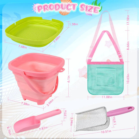 Ultimate Beach Treasure Hunt Kit For Kids And Families with pink bucket, mesh bag, and sifters shown in size chart.