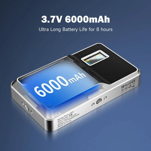 On Camera RGB LED Light With 6000mAh Battery, App Control Via Bluetooth, All Metal Portable Video Lighting Panel For Filming And Photo Shoots, Retro 08X, 8 Hour Battery Life At 50 Percent Brightness, featuring battery details and USB-C port.