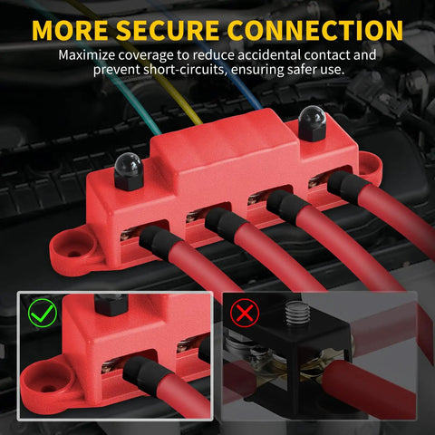 250 Amp 12 Volt Heavy Duty Power Distribution Block Bus Bar With Four M8 Studs And Three Screw Terminals Waterproof Cover Pack Of 2 For Automotive Marine Car Audio RV Truck Boat red covered bus bar with cables