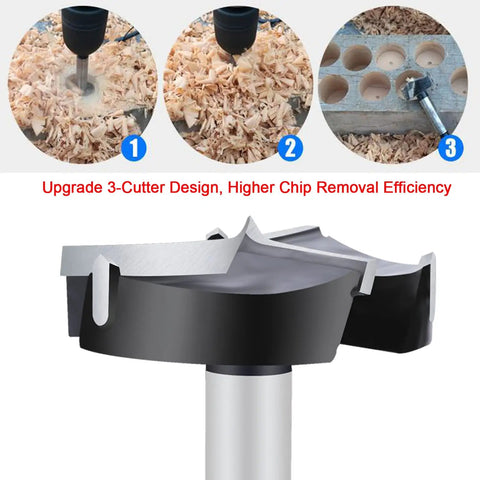 Straight Shooting Carbide Forstner Drill Bit 2-3/8 Inch Hex Shank Woodworking Hole Cutter showing 3-cutter design for efficient chip removal.