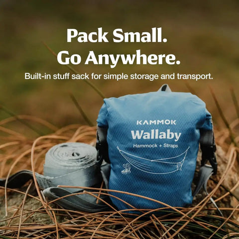 Wallaby Lightweight Hammock With Straps Portable Chill Spot for outdoor use, packed in a glacier blue stuff sack, easy setup.