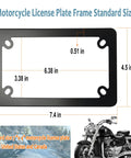 Diagram of Badass Matte Black Stainless Steel Motorcycle License Plate Frame with dimensions and a motorcycle image