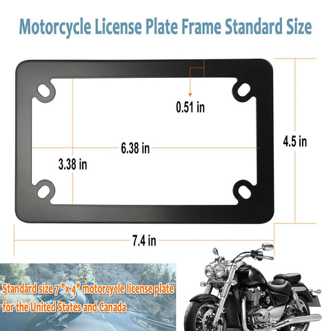 Diagram of Badass Matte Black Stainless Steel Motorcycle License Plate Frame with dimensions and a motorcycle image