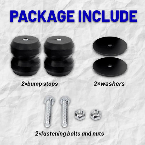 Package contents of Gmrck15s Rear Suspension Bump Stop Kit with rubber helper spring, washers, bolts, and nuts for Silverado and Sierra