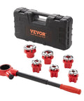 Ratcheting Pipe Threader Kit With Six Dies One Quarter Inch NPT To One And A Quarter Inch NPT Portable Pipe Threading Tool Set With Storage Case For Plumbing Installation And Repair, showing case and threading tools.