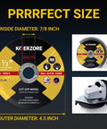 Four Point Five Inch Cut Off Wheels For Metal And Stainless Steel 50 Pack Aggressive Thin Cutting Discs shown with size details and angle grinder