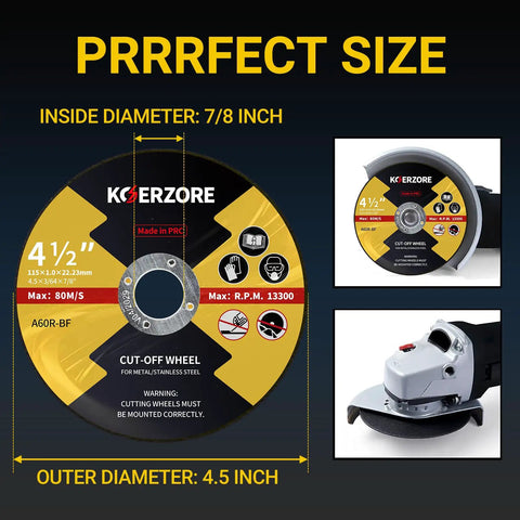 Four Point Five Inch Cut Off Wheels For Metal And Stainless Steel 50 Pack Aggressive Thin Cutting Discs shown with size details and angle grinder