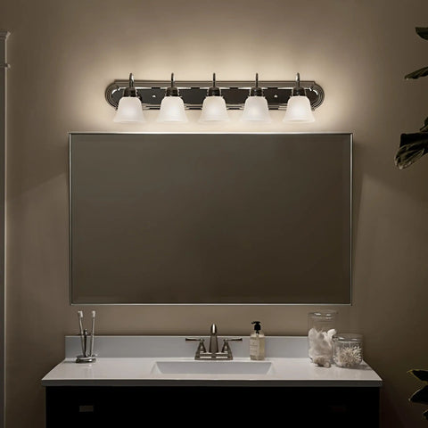 Five Light Bathroom Vanity Fixture, Traditional 36-Inch Bar With Satin Etched Glass Shades In Tannery Bronze over mirror