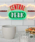 Central Perk Neon Light Wall Sign 16 Inch Replica Coffee Shop LED Hanging Decor, bright glow with cups, white background.