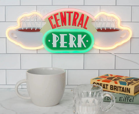 Central Perk Neon Light Wall Sign 16 Inch Replica Coffee Shop LED Hanging Decor, bright glow with cups, white background.