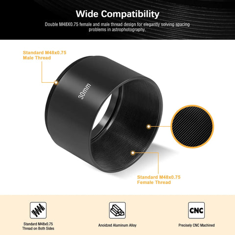 30mm spacer from 2 Inch M48 Extension Tube Kit For Cameras And Eyepieces With M48x0.75 Threads showing male and female threads