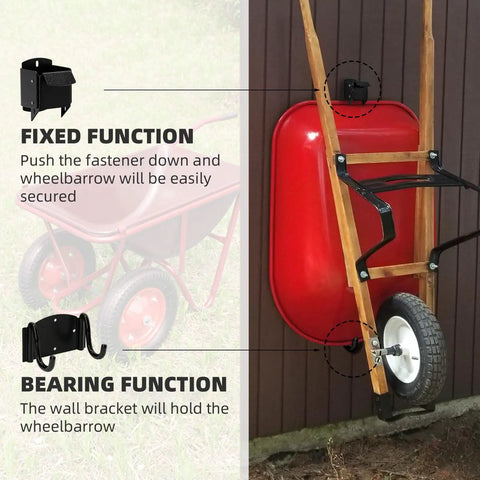 Heavy Duty Wheelbarrow Storage Bracket With Wall Mount Black Sturdy 80 Lb Capacity hanging red wheelbarrow on wall