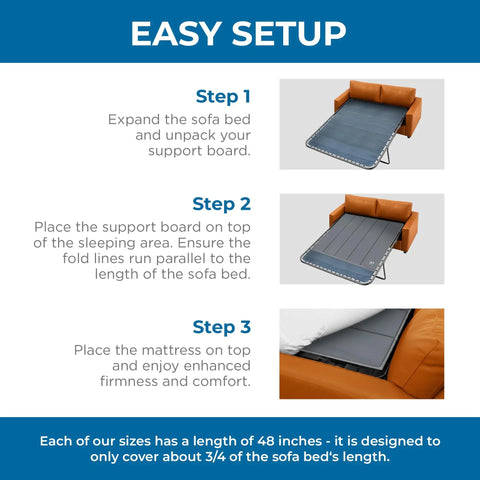 Image showing steps for setting up Heavy Duty Reinforced Plywood Support Board For Queen Sleeper Sofa on a sofa bed.