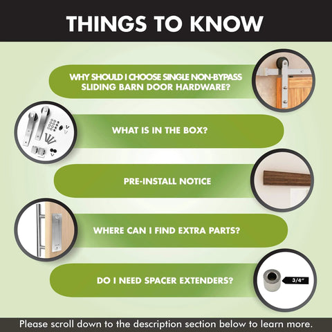 Infographic for Brushed Nickel Sliding Barn Door Hardware Kit For One Door, 9ft Flat Track With Non-Bypass Straight Rollers, installation tips.