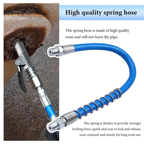 12 Piece Pro Grade Workhorse Grease Gun Coupler Kit With Lock On Tips displayed with a high-quality spring hose