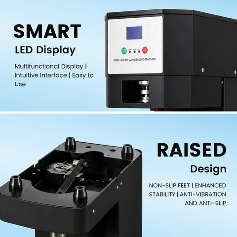 Heavy Duty Commercial Can Sealer With Three Adapters For Aluminum And Pet Cans Boasting A Tough Two Hundred Fifty Watt Motor and smart LED display.