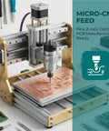 Micro-CNC machine with fine z-axis control for PCB manufacturing, showing precise drilling of a copper plate.